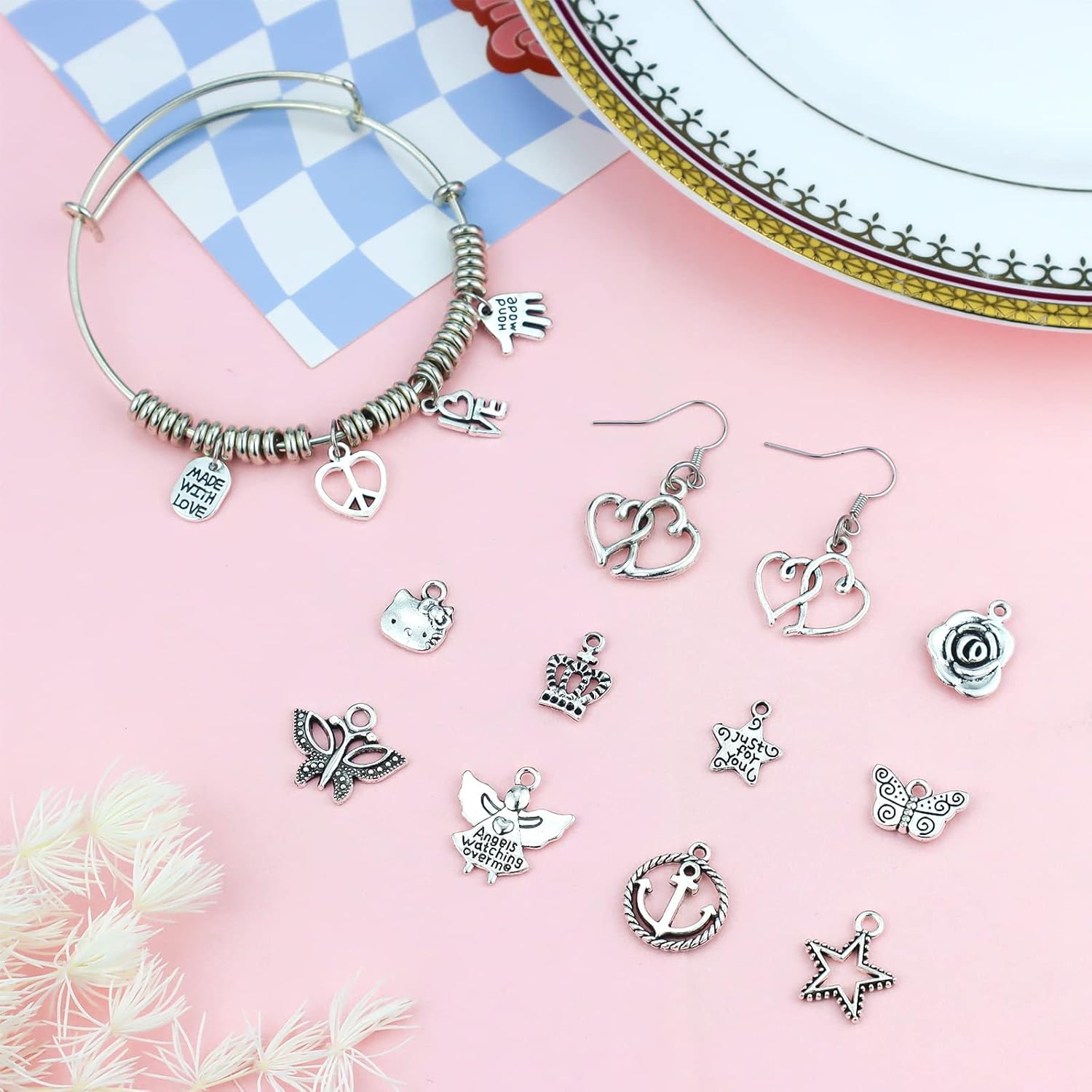 JIALEEY 200-Piece Tibetan Silver Charms Kit – Bulk Mixed Metal Pendants for DIY Necklace, Bracelet & Jewelry Making