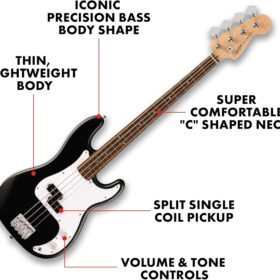 Squier by Fender Debut Series Precision Bass Guitar – Matte Black, Beginner Electric Bass with Split Single-Coil Pickup & Free Online Lessons