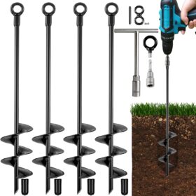 Heavy Duty 18-Inch Ground Anchors (4-Pack) - Spiral Auger Stakes for Swing Sets, Trampolines, Sheds, and Tents - Includes T-Handle and Drill Bit