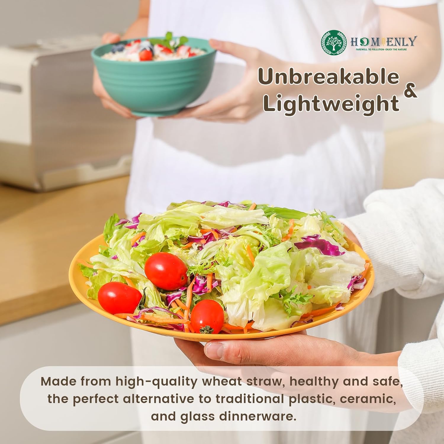 Homienly 40-Piece Wheat Straw Dinnerware Set – Unbreakable, Lightweight Service for 8 with Microwave & Dishwasher Safe Plates, Bowls, and Cups