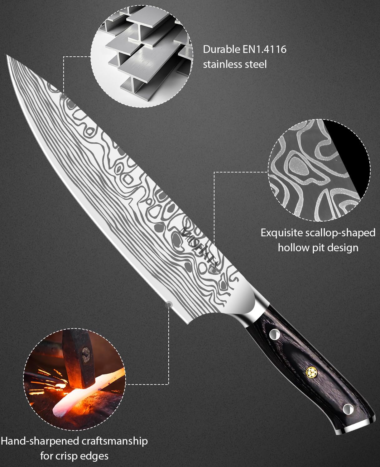 MOSFiATA 8 Inch Pro Chef Knife - German High Carbon Stainless Steel Kitchen Knife with Razor Sharp Edge, Full Tang Micarta Handle, Finger Guard, Sharpener & Premium Gift Box