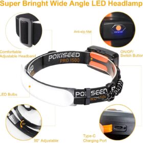 Ultra-Bright Rechargeable LED Headlamp with 230° Wide Beam, 1500 Lumens, IPX6 Waterproof Headlight with Red Taillight & Hard Hat Clips for Camping, Running, and Work