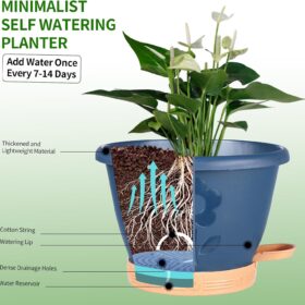 Set of 4 Self-Watering Plant Pots, 10 Inch Plastic Planters with Saucer & Drainage Holes, Indoor/Outdoor Flower Pots & Reservoir for All Plants (Modern Black)