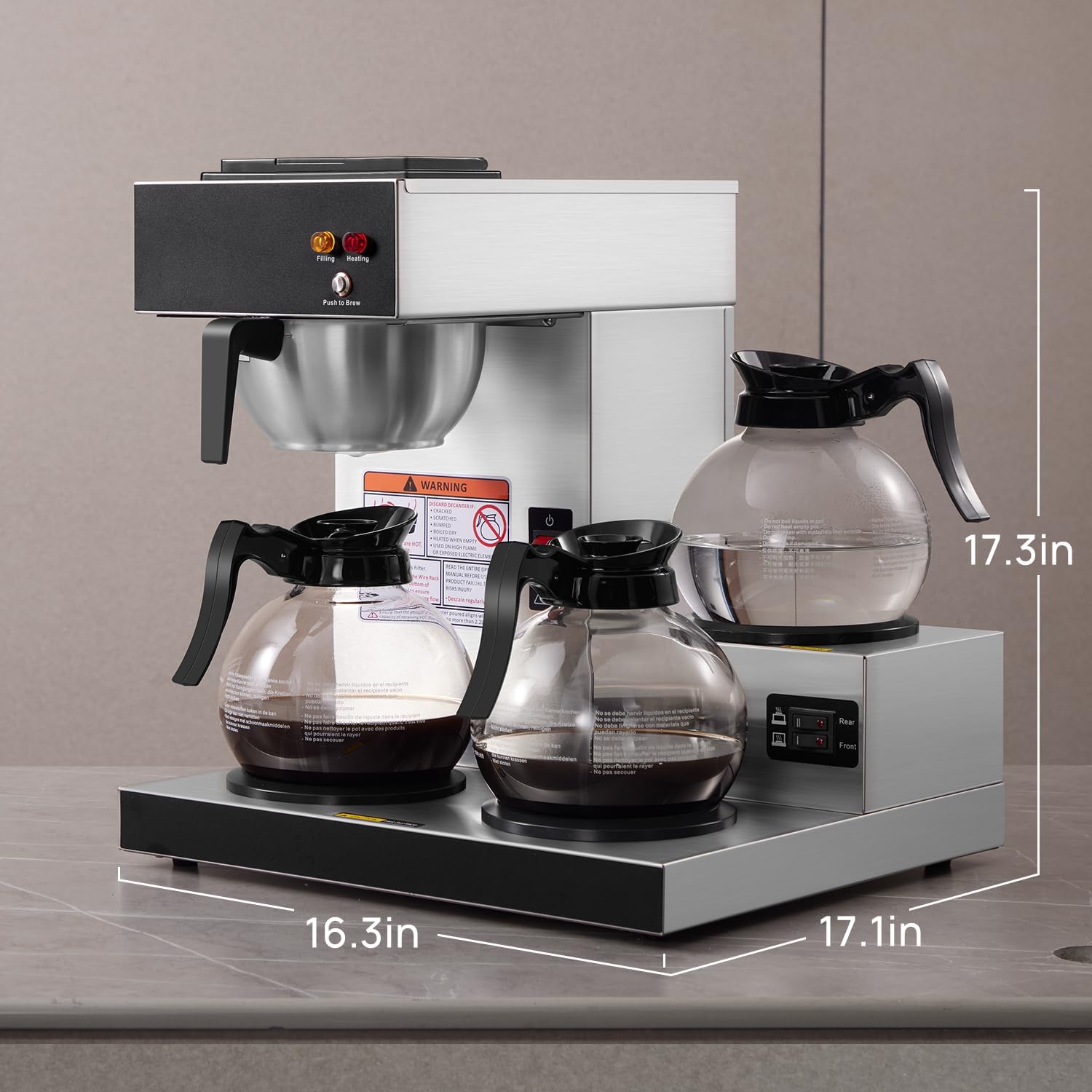 SYBO 12-Cup Commercial Pour Over Coffee Maker with 3 Warmers and 3 Decanters - Stainless Steel Drip Brewer