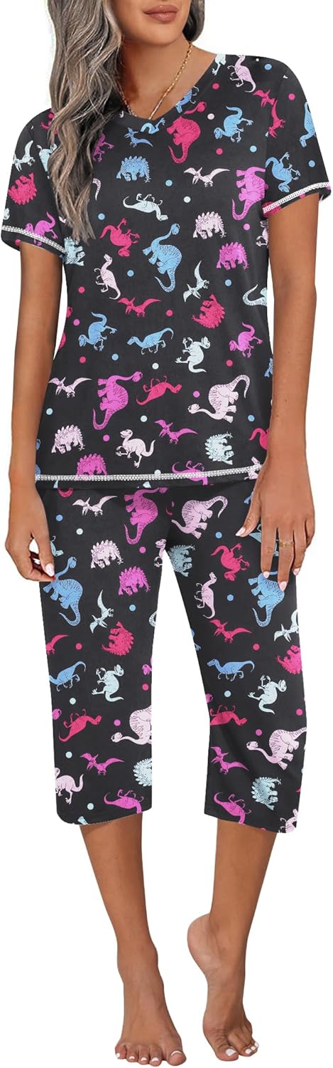 Ekouaer Women's Pajama Set - Soft Capri Lounge & Sleepwear with Pockets - V-Neck Short Sleeve 2-Piece Outfit (S-3XL)