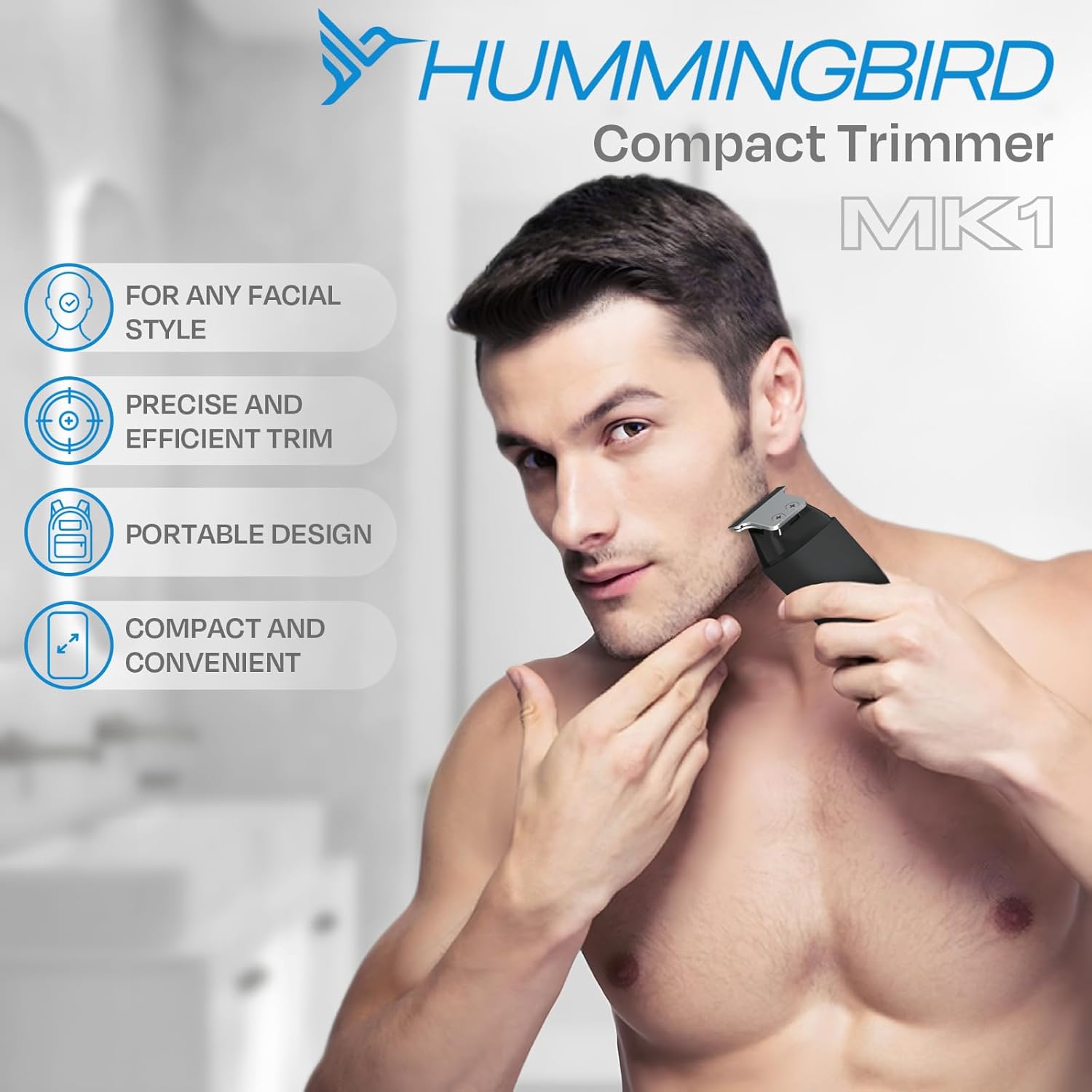 Hummingbird MK1 Compact Trimmer – Portable Cordless Beard & Body Groomer with T-Blade, USB-C Rechargeable, 60-Min Runtime & Travel Pouch