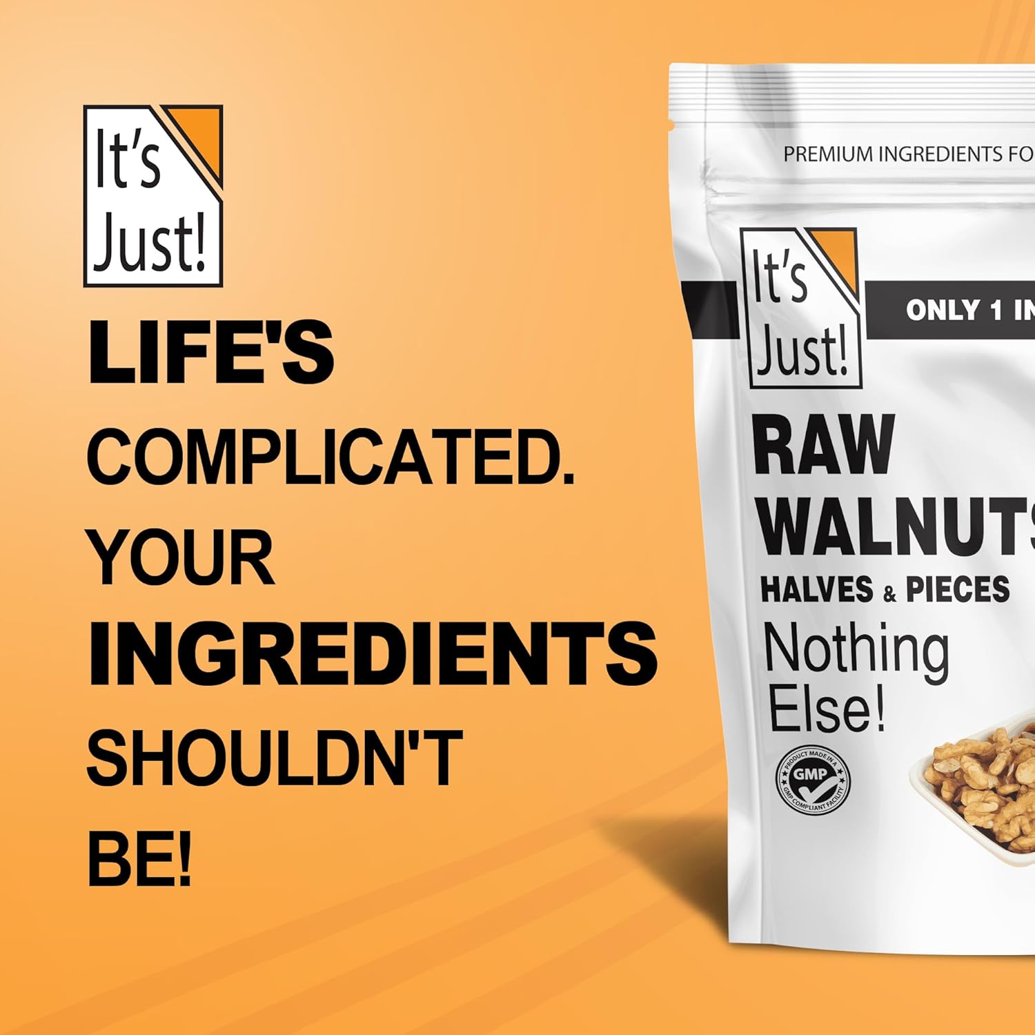 It's Just - Premium Raw California Walnuts, 20oz (1.25lb) Bag | Non-GMO, Gluten-Free, Unsalted Nut Halves & Pieces for Baking, Snacking & Keto Diets