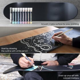 ARTEZA Customizable Skateboard Deck Art Kit – 31"x8" DIY Paintable Maple Wood Board with Matte Coating, Includes 8 Oil-Based Paint Markers, Chrome Marker, White Pencil, and Wall Display Mount