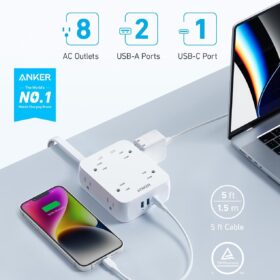 Anker Power Strip (8 AC Outlets, 3 USB Ports) – 2000J Surge Protector with Flat Plug & 5ft Extension Cord – 20W USB-C Charging Station for Home, Office, & Dorm