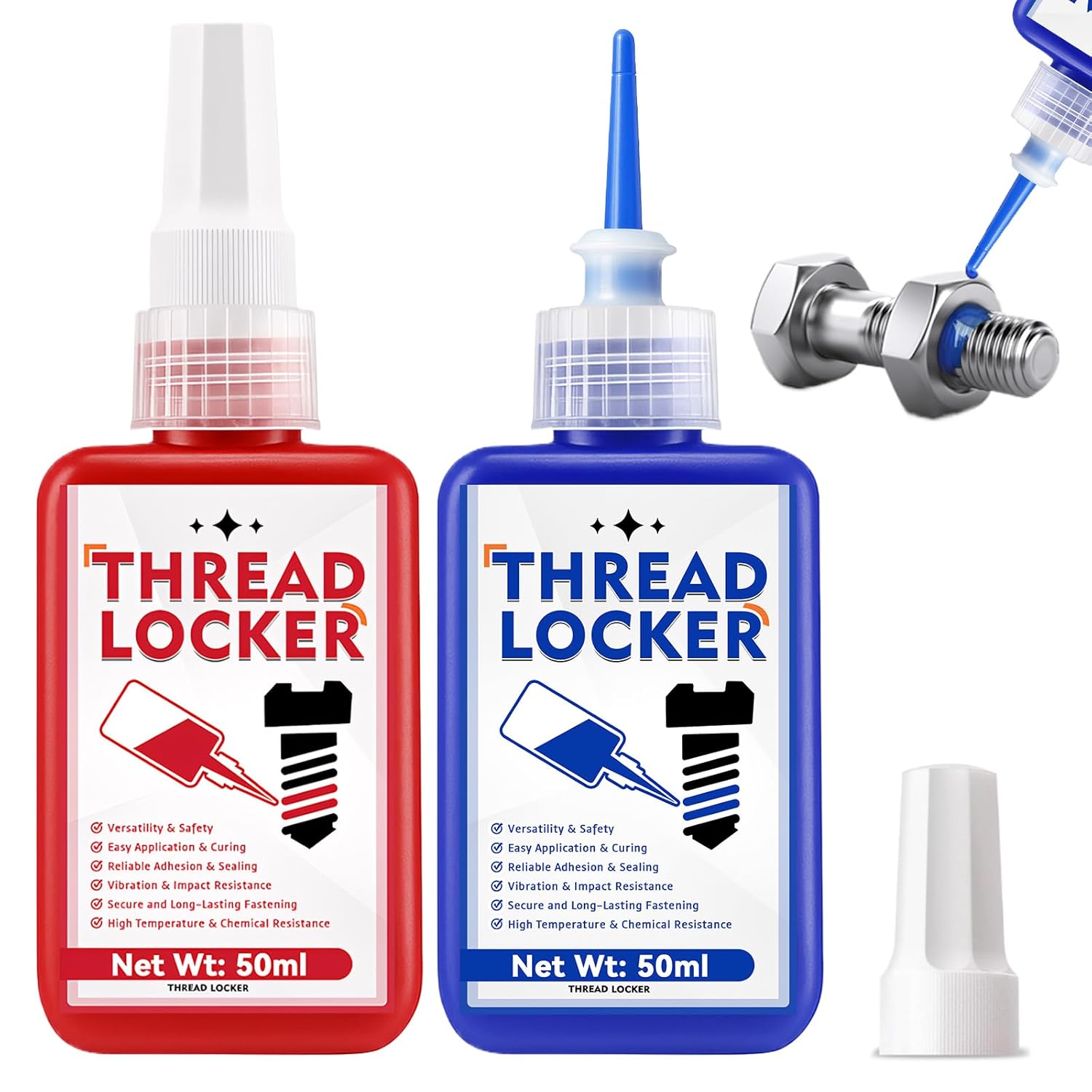 Dual Strength Threadlocker Set (50ml) – Blue Medium & Red High Strength Thread Lock Adhesive for Nuts, Bolts, and Fasteners – Resistant to Vibration, Leakage, and Corrosion