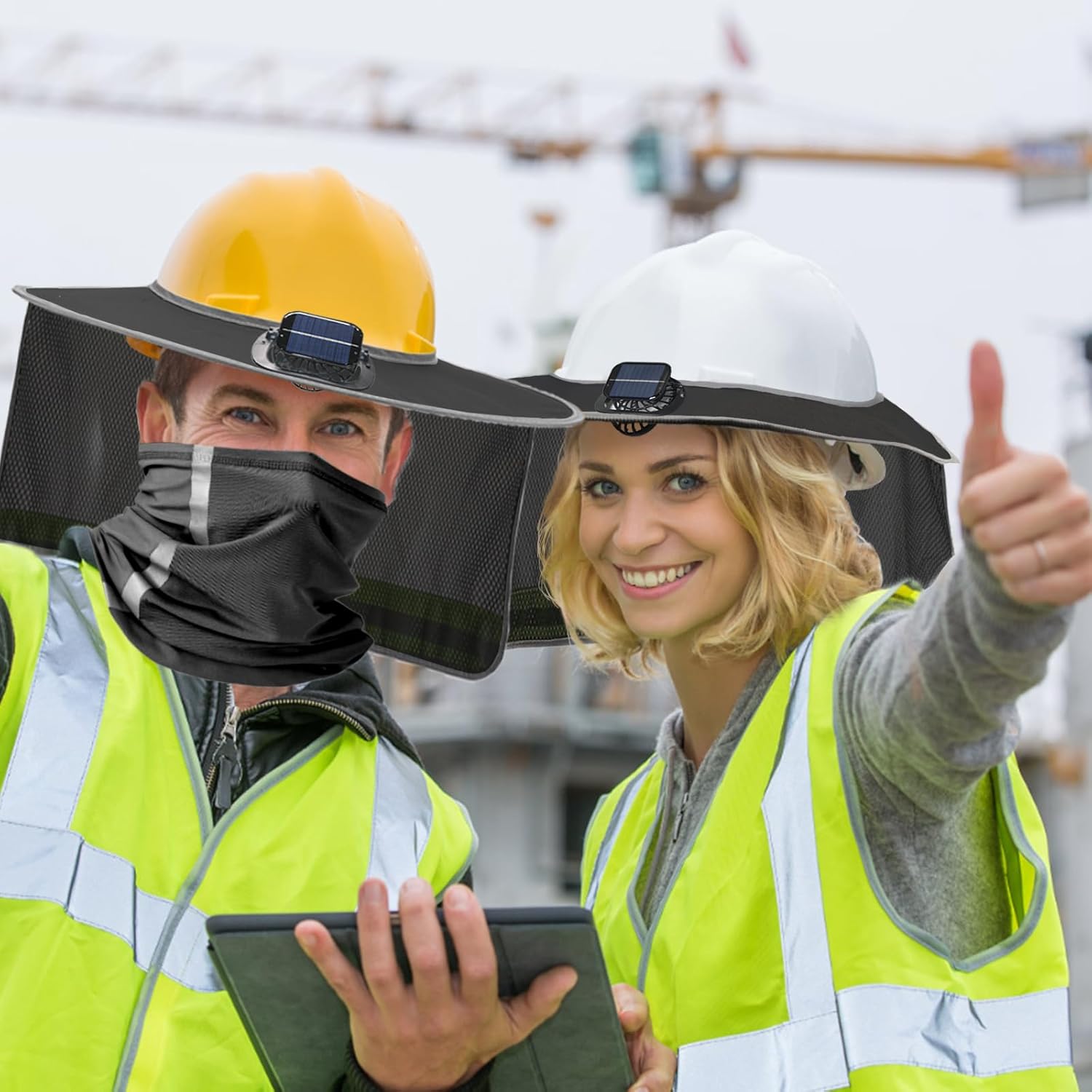 Solar Powered Cooling Hard Hat Accessory with Full Brim Sun Shade & Neck Shield - Rechargeable Dual-Mode Fan for Construction, Fishing, and Outdoor Work