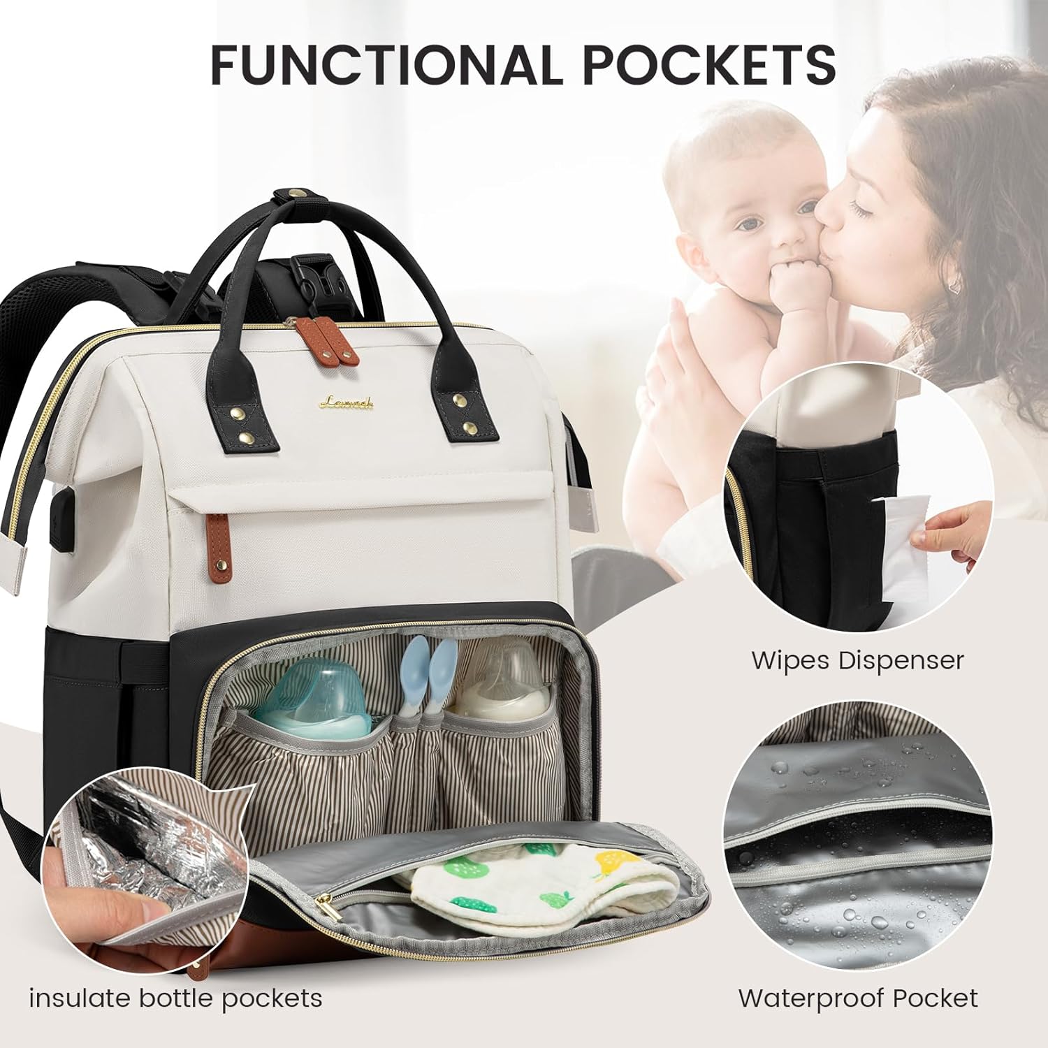 LOVEVOOK Diaper Bag Backpack with Changing Station – Large 16-Pocket Waterproof Travel Bag for Mom & Dad, Black-Beige