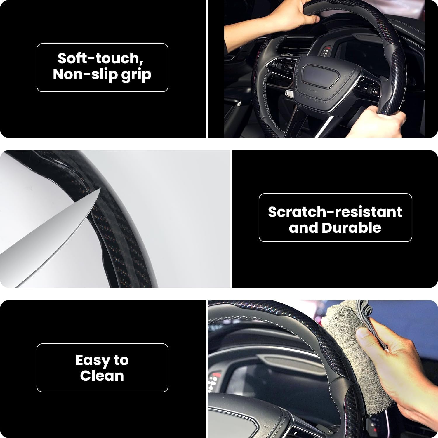 Carbon Fiber Steering Wheel Cover 3-Piece Set – Anti-Slip, Scratch-Resistant, Universal Fit for 14-16 Inch Wheels (Black)