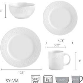 Pfaltzgraff Sylvia 32-Piece Stoneware Dinnerware Set – Service for 8, Distressed White Embossed Design