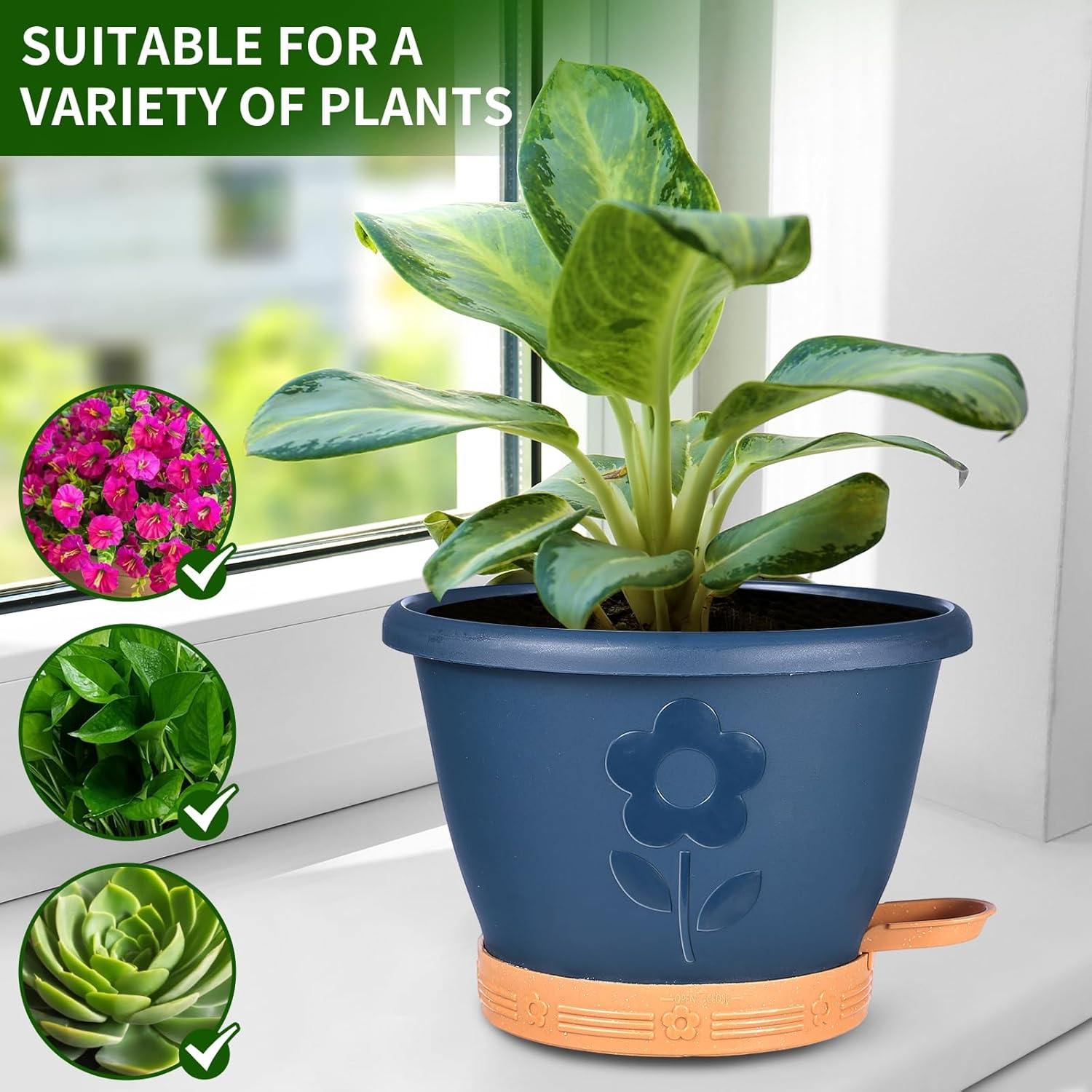 Set of 4 Self-Watering Plant Pots, 10 Inch Plastic Planters with Saucer & Drainage Holes, Indoor/Outdoor Flower Pots & Reservoir for All Plants (Modern Black)