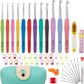 MECHEER Ergonomic Crochet Hook Set with Case – 51-Piece All-in-One Knitting Kit for Beginners & Pros, 12 Aluminum Hooks with Soft Grip Handles for Arthritis Relief