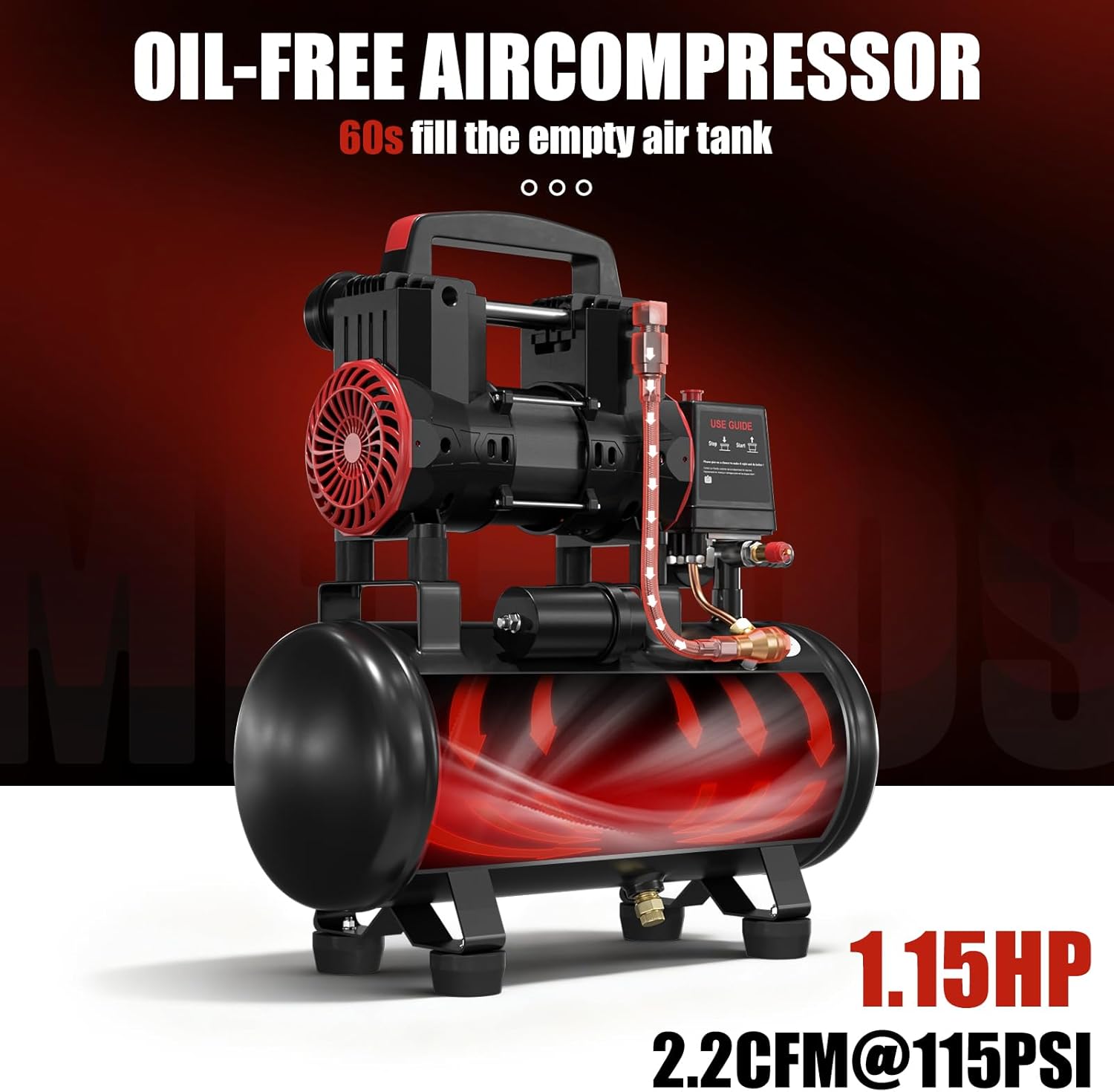 3 Gallon Ultra Quiet Oil-Free Portable Air Compressor – 1.15 HP, 115 PSI, Perfect for DIY, Nail Guns, and Tire Inflation