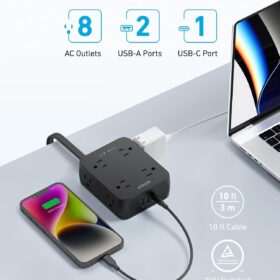 Anker Power Strip with USB (8 AC Outlets, 3 USB Ports) - 2000J Surge Protector, 20W USB-C Port, 10ft Flat Plug Extension Cord - TUV Listed Home & Office Charging Station