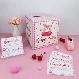 OWWOPATS Cherry Diaper Raffle Tickets & Box Set - 51Pcs 'She's The Cherry On Top' Baby Shower Game Kit with Pink Bow Design - Includes Raffle Box & 50 Double-Sided Entry Cards