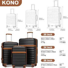 Kono 28-Inch Expandable Hardside Checked Luggage – ABS+PC Large Travel Suitcase with 360° Spinner Wheels and Integrated TSA Lock, Brown/Black