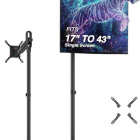 AVLT-SP Power Single Monitor Mobile Floor Stand – Adjustable Rolling Cart for 17-43 inch Screens