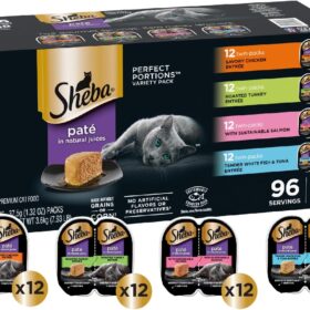 Sheba Perfect Portions Grain-Free Wet Cat Food Paté - Savory Chicken, Roasted Turkey, Salmon & Whitefish & Tuna Variety Pack (48 Twin-Pack Trays, 96 Total Servings)