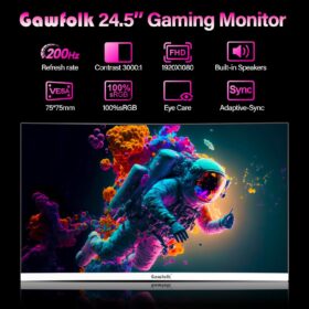 Gawfolk 24.5 Inch Gaming Monitor – 200Hz 1080P FHD, FreeSync, Frameless VA Display with Built-in Speakers, HDMI & DP (White)