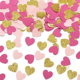 200-Piece Hot Pink & Gold Heart Confetti – 1.2 Inch Romantic Table Scatter for Weddings, Baby Showers, Valentine's & Bachelorette Parties
