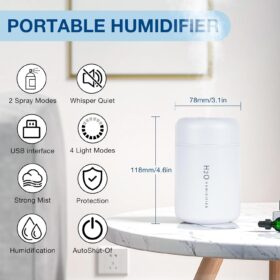 300ml Portable Mini Humidifier – USB Cool Mist Ultrasonic Humidifier with Colorful LED Lights & Auto Shut-Off for Bedroom, Office, and Travel (White)