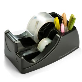 Officemate Heavy Duty 2-in-1 Recycled Tape Dispenser – Non-Slip Weighted Base for 1" & 3" Cores with Pen Storage, Black