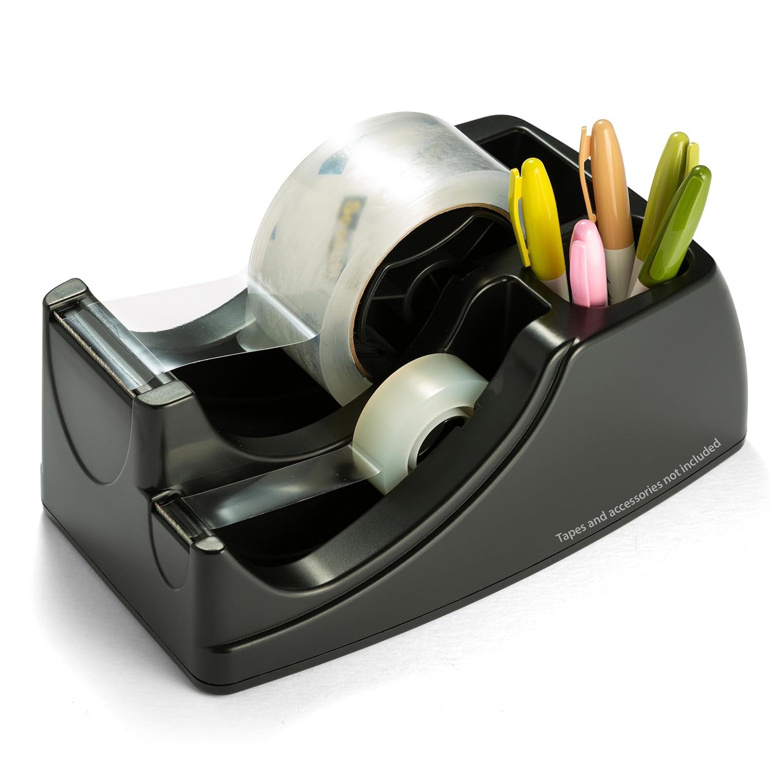 Officemate Heavy Duty 2-in-1 Recycled Tape Dispenser – Non-Slip Weighted Base for 1" & 3" Cores with Pen Storage, Black