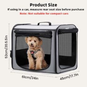 Portable Foldable Dog Car Carrier – Lightweight, Breathable Travel Crate with Privacy Shades & Washable Pad (Gray, 24'')