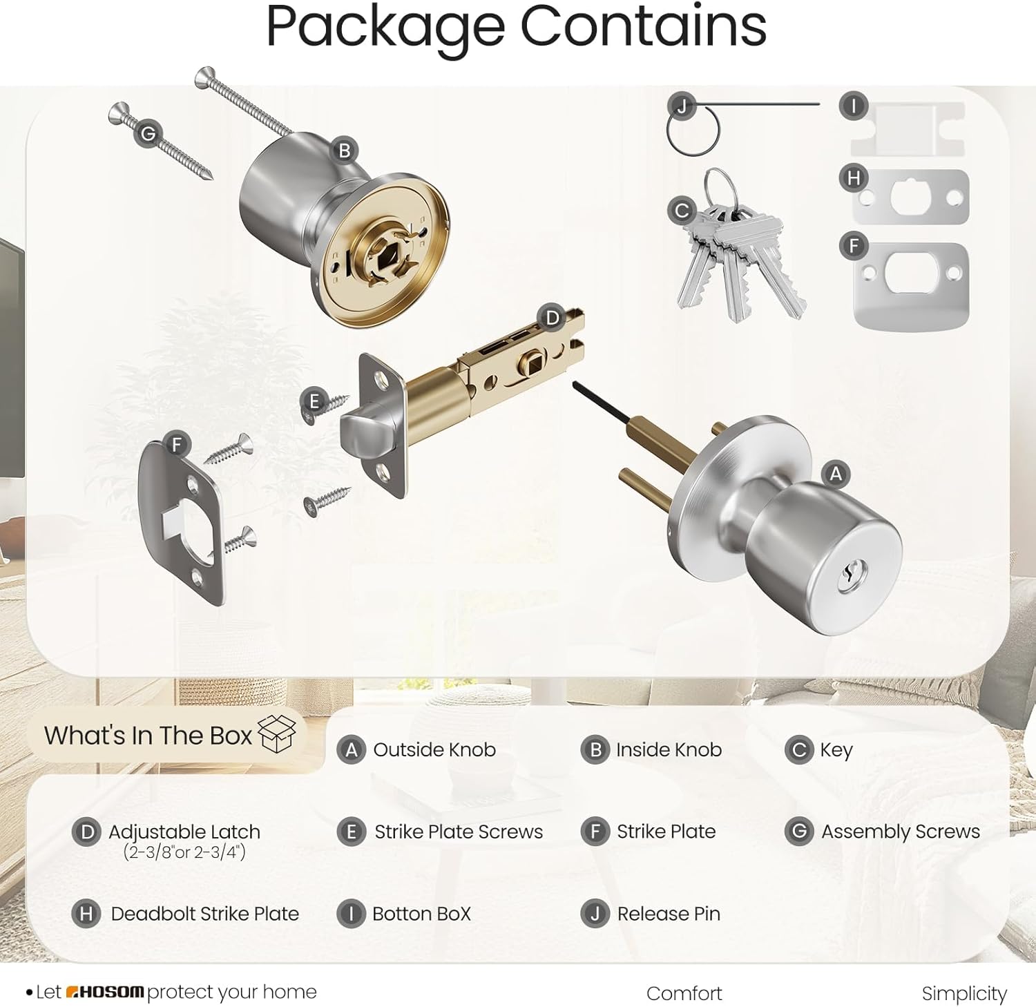 HOSOM Keyed Entry Door Knob with Single Cylinder Deadlock - Satin Nickel Heavy Duty Security Handle for Home, Office, and Exterior Doors