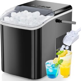 DUMOS Countertop Ice Maker with Handle - 26 lbs/Day Portable Ice Machine, Self-Cleaning, 9 Bullet Cubes Ready in 6 Mins, Compact Quiet Electric Maker for Kitchen, Home, Bar & Camping (Bright Black)