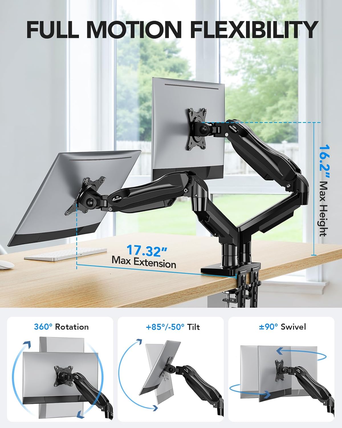 HUANUO Dual Monitor Stand – Full Motion Desk Mount for 13-32 inch Screens, VESA 75x100mm, Integrated Cable Management, C-Clamp & Grommet Base Included