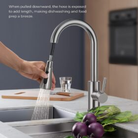 FORIOUS Pull Down Kitchen Faucet - Brushed Nickel High Arc Single Handle Sink Faucet with 3-Mode Sprayer, 360° Swivel Spout & Optional Deck Plate - Commercial Grade SUS304 Stainless Steel