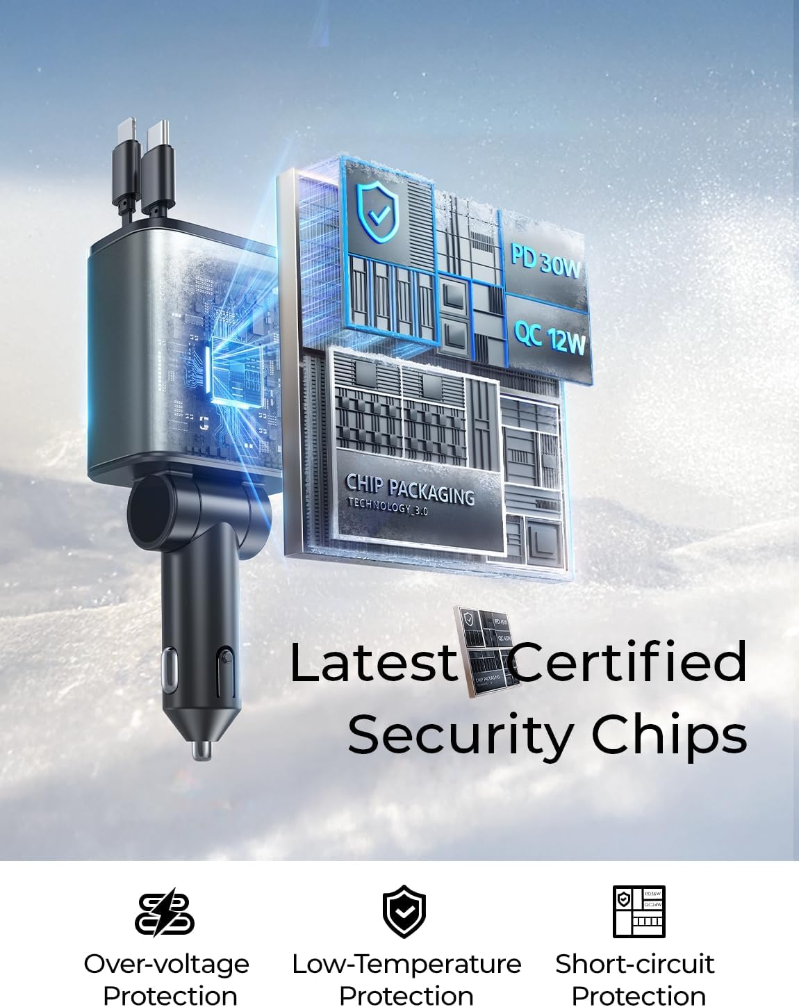 LISEN 69W 4-in-1 Retractable Car Charger with Built-in Cables - USB C Fast Charging Adapter for iPhone 17, 16, 15 & Samsung - Compact 180° Rotating Auto Accessories