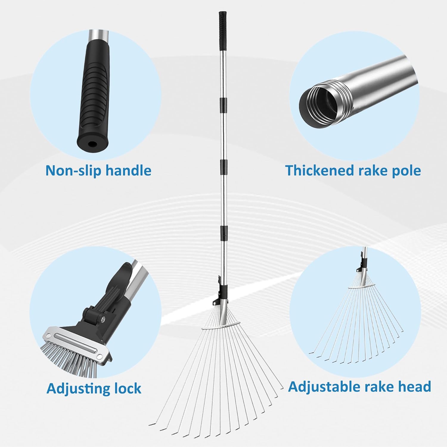 AimGrowth Adjustable Garden Leaf Rake with Leaf Collector & 15-Tine Expandable Head – Heavy Duty Collapsible Metal Yard Rake for Lawns, Shrubs, and Flower Beds