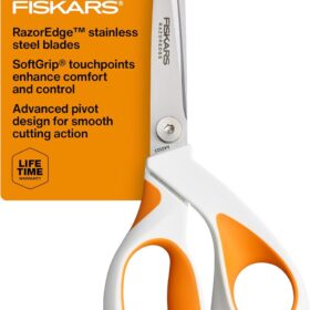 Fiskars RazorEdge Fabric Scissors 8 Inch - Heavy Duty Sewing Shears with Ultra-Sharp Stainless Steel Blades, SoftGrip Ergonomic Handle & Protective Sheath - Orange/White