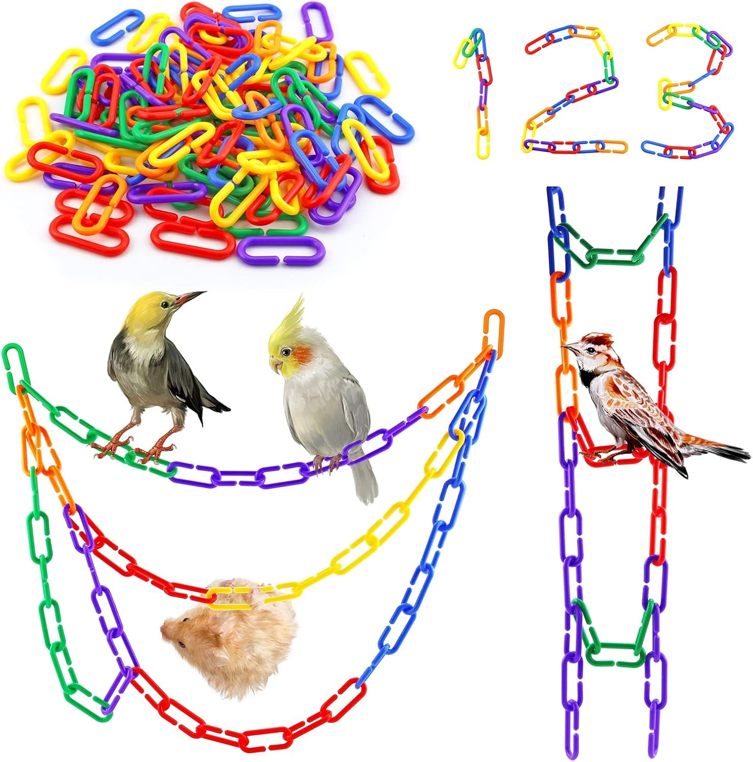 JIALEEY 100-Piece Colorful Plastic Chain Links - Montessori Math Manipulatives & DIY Bird Cage Connectors for Parrots, Sugar Gliders, & Small Pets