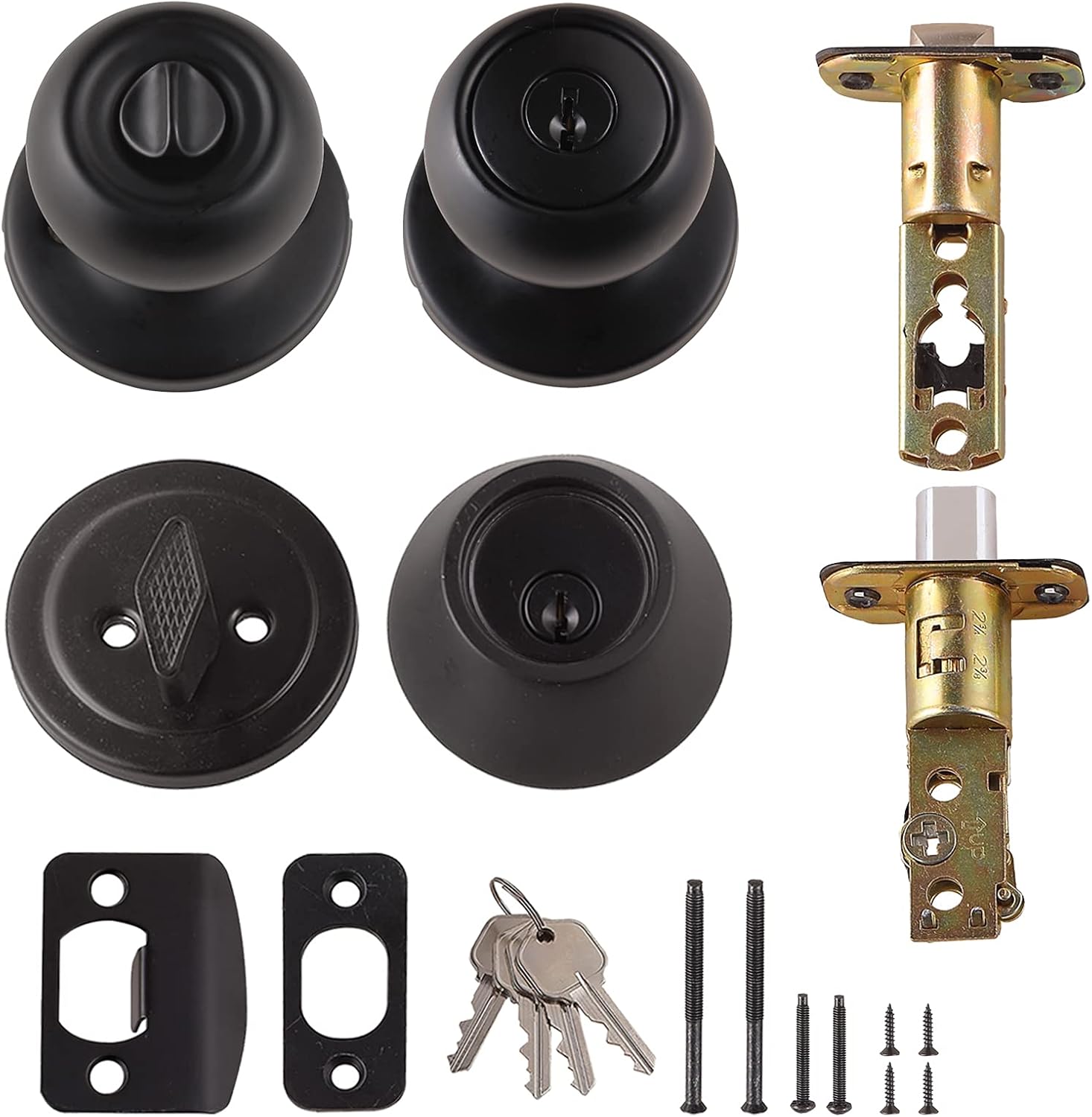 Amazon Basics Coastal Matte Black Exterior Door Handle & Single Cylinder Deadbolt - Keyed Alike Combo Pack
