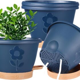 Set of 4 Self-Watering Plant Pots, 10 Inch Plastic Planters with Saucer & Drainage Holes, Indoor/Outdoor Flower Pots & Reservoir for All Plants (Modern Black)