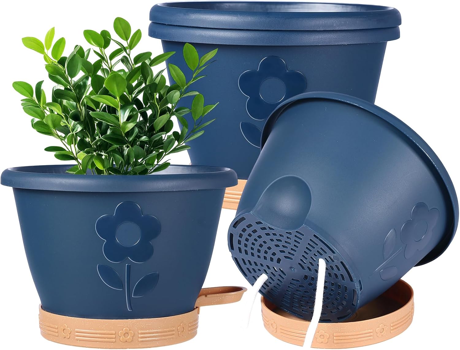 Set of 4 Self-Watering Plant Pots, 10 Inch Plastic Planters with Saucer & Drainage Holes, Indoor/Outdoor Flower Pots & Reservoir for All Plants (Modern Black)