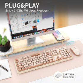 Wireless Keyboard and Mouse Combo – 2.4G Retro Typewriter Style Full-Sized Keyboard with Round Keycaps, Quiet Click Mouse, Plug & Play for Laptop, PC, Desktop – Ice Cream Design