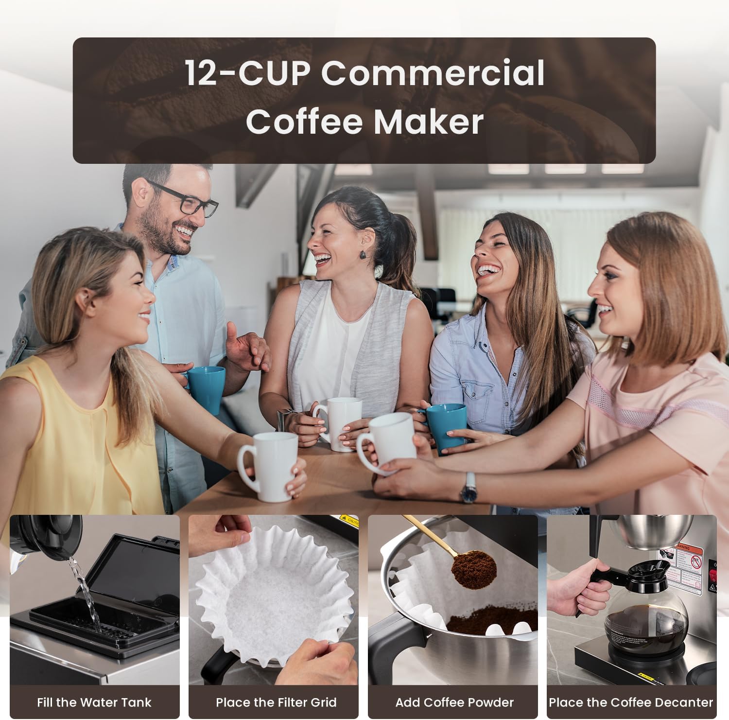 SYBO 12-Cup Commercial Pour Over Coffee Maker with 3 Warmers and 3 Decanters - Stainless Steel Drip Brewer