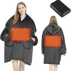 Homemate Oversized Heated Blanket Hoodie with Battery Pack - 7.4V Cordless Electric Wearable Blanket with 3 Heat Settings - Unisex Warm Sherpa Fleece Heating Robe for Indoor & Outdoor (Grey)