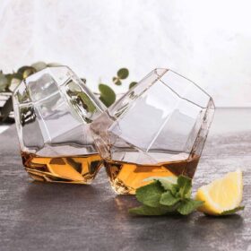 Luxury Diamond Whiskey Glasses – Set of 2 Rotatable Crystal Spirit Tumblers with Display Stands & Elegant Gift Box