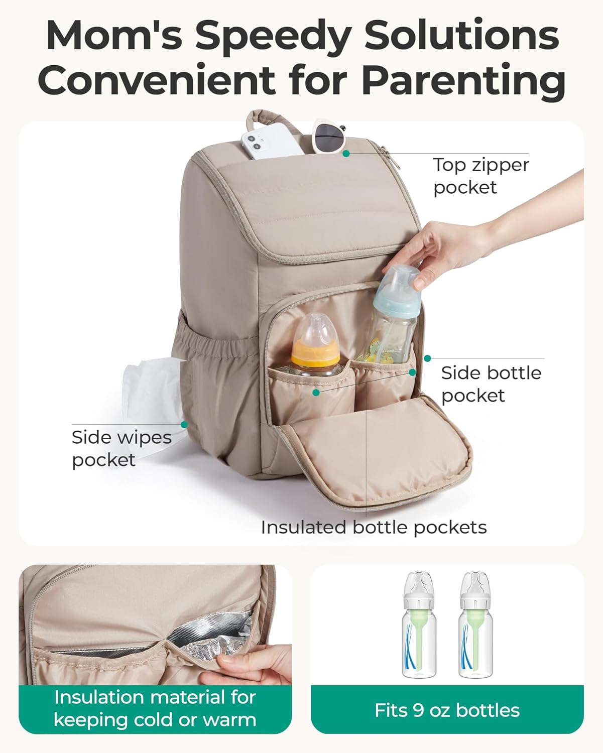 BAGSMART Quilted Diaper Bag Backpack – Large 25L Lightweight Travel Backpack with Insulated Pockets & Stroller Straps