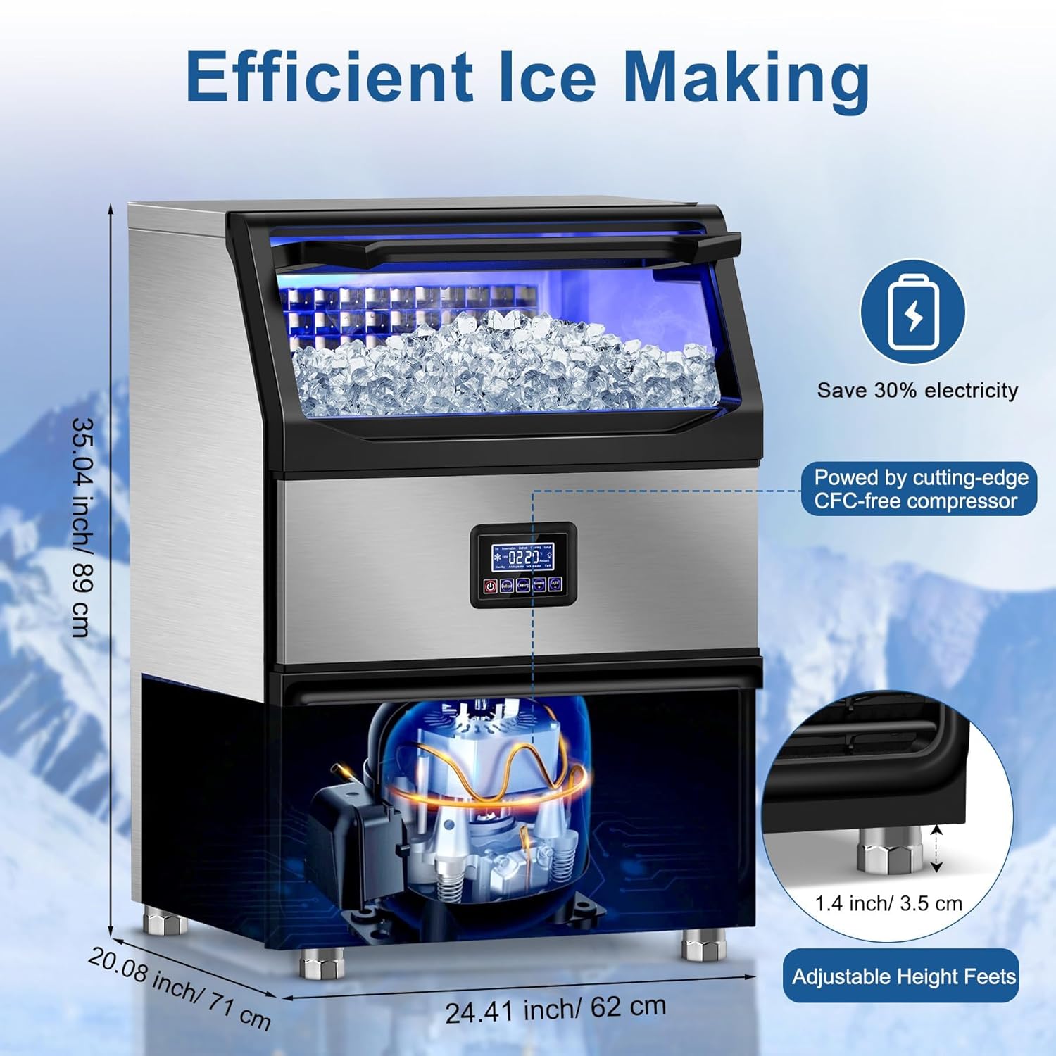 350Lb Commercial Ice Maker Machine with 75Lb Storage Bin - 108 Cubes per Cycle, Stainless Steel Countertop/Freestanding Ice Maker with Self-Cleaning, Water Filter, and Scoop for Restaurants, Bars, and Hotels