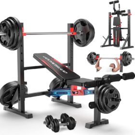 OPPSDECOR 900LBS Weight Bench Set with Squat Rack – 5-in 1 Foldable Adjustable Bench Press with Leg Extension/Developer for Home Gym